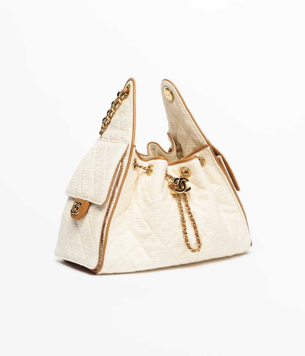 Chanel Canvas, Calfskin & Gold-Tone Metal 
Ecru & Camel