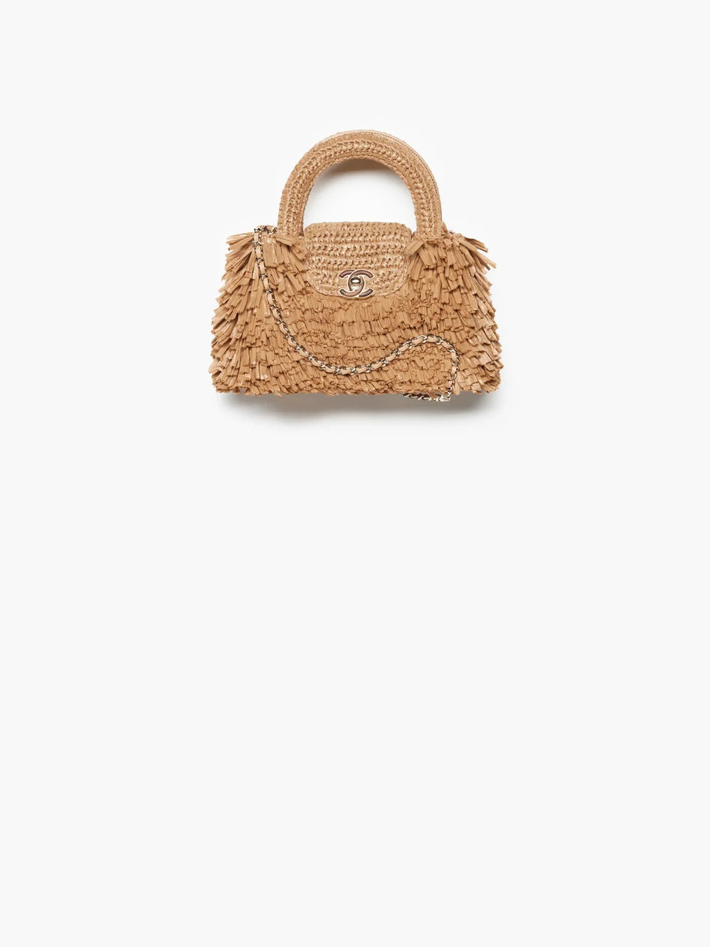 Chanel Raffia-Effect Fabric, Wood & Gold-Tone Metal 
Dark Beige