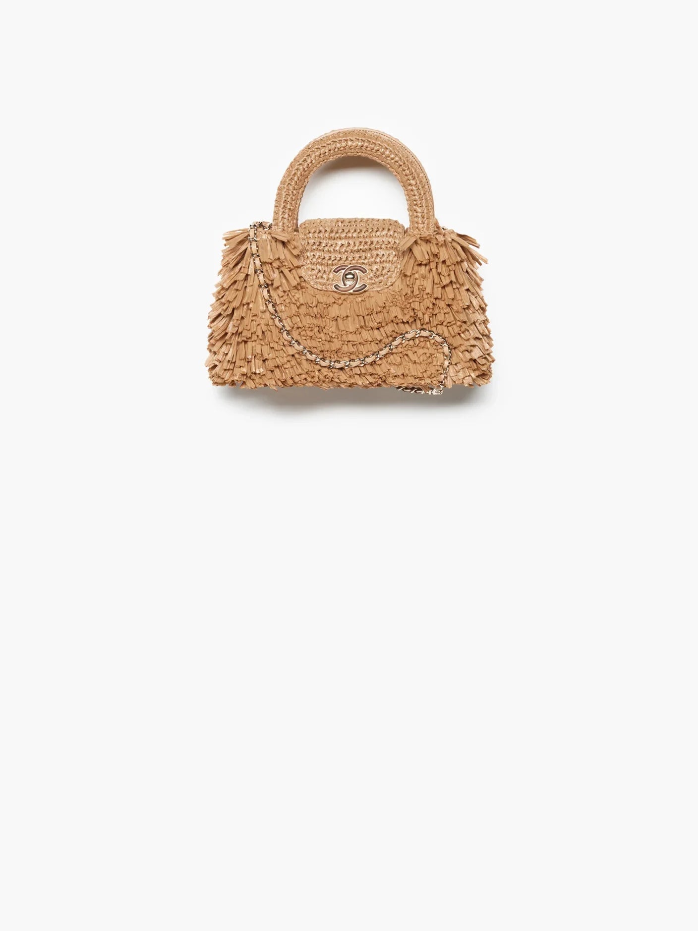 Chanel Raffia-Effect Fabric, Wood & Gold-Tone Metal 
Dark Beige