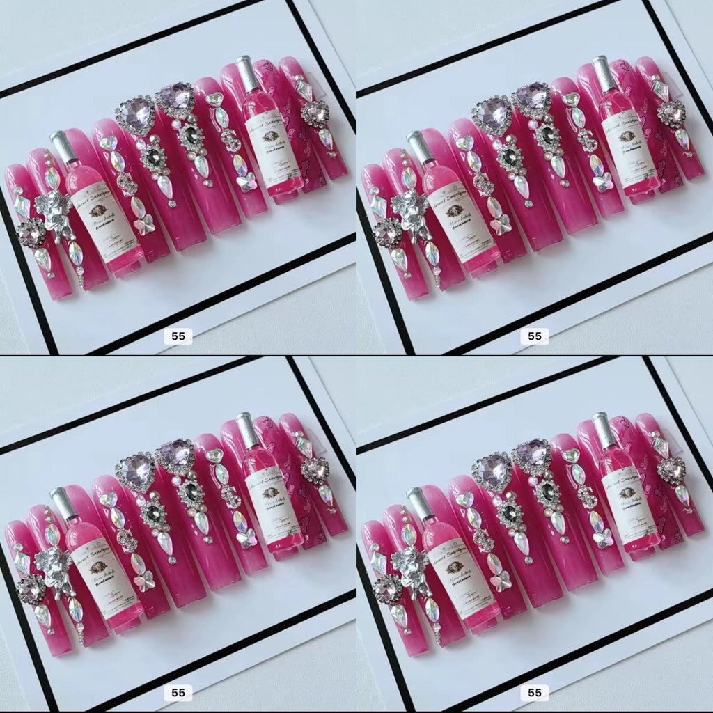 Pink acrylic press on nails with champagne