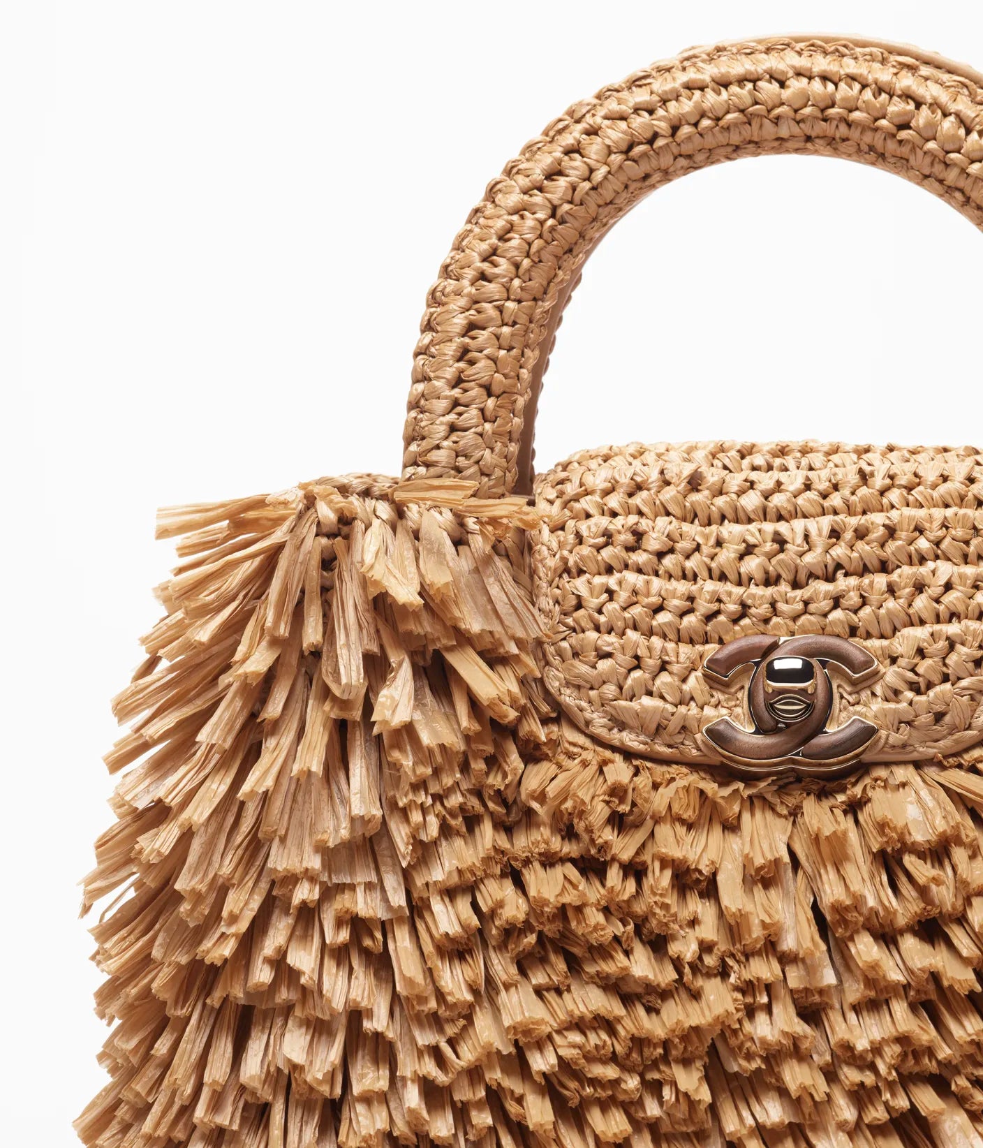 Chanel Raffia-Effect Fabric, Wood & Gold-Tone Metal 
Dark Beige