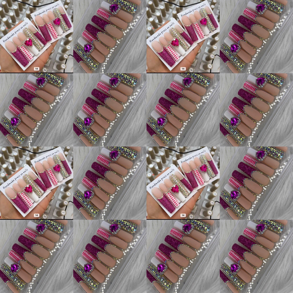 Pink long crystal press on nails