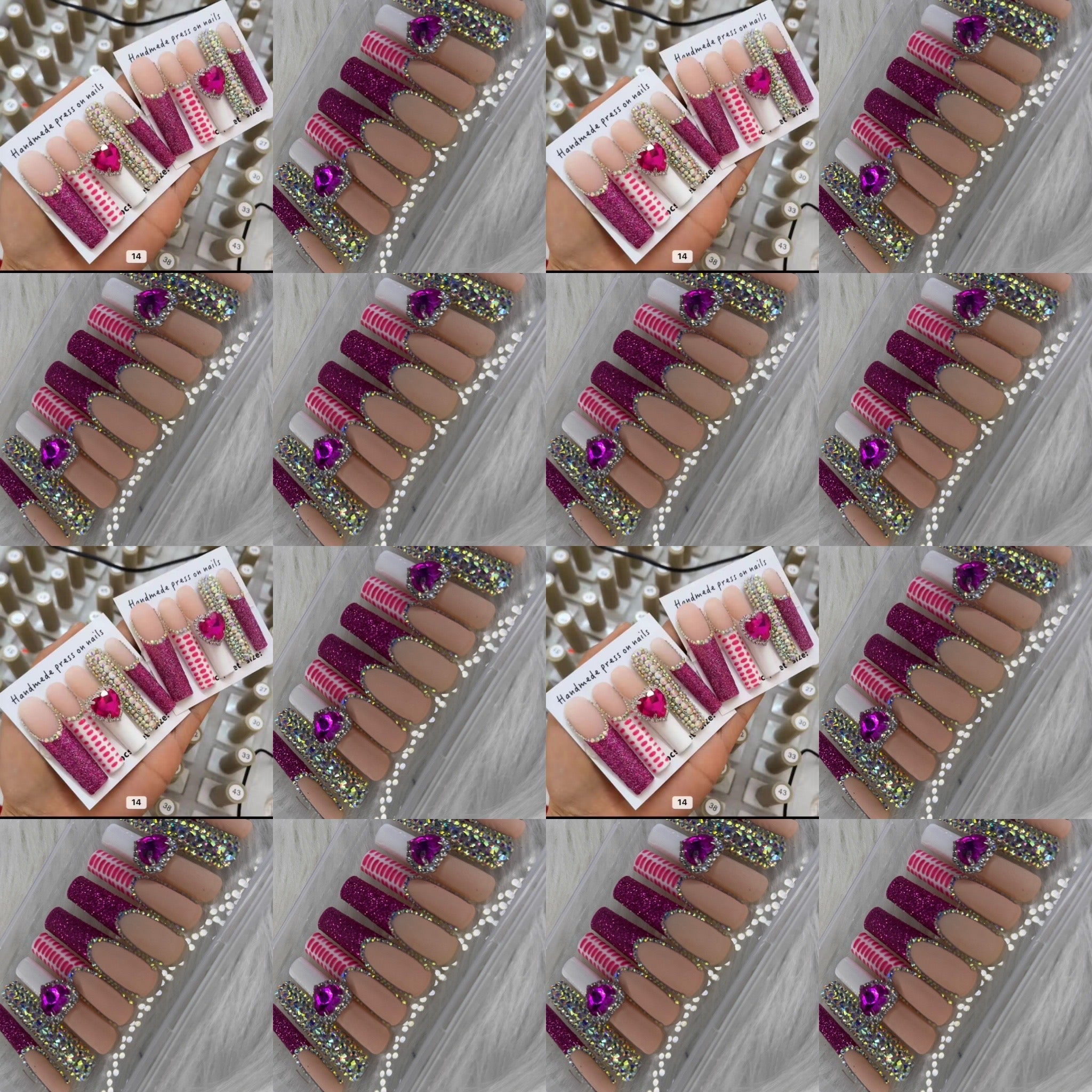 Pink long crystal press on nails