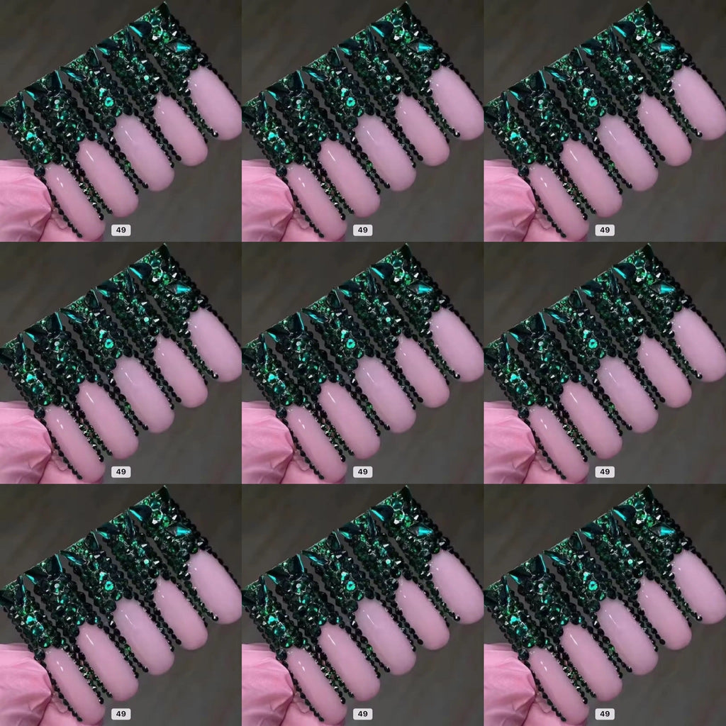 Green crystal long press on nails