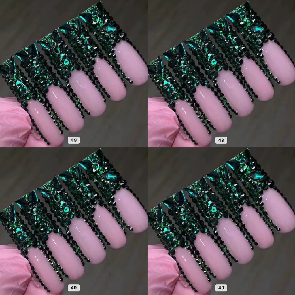 Green crystal long press on nails