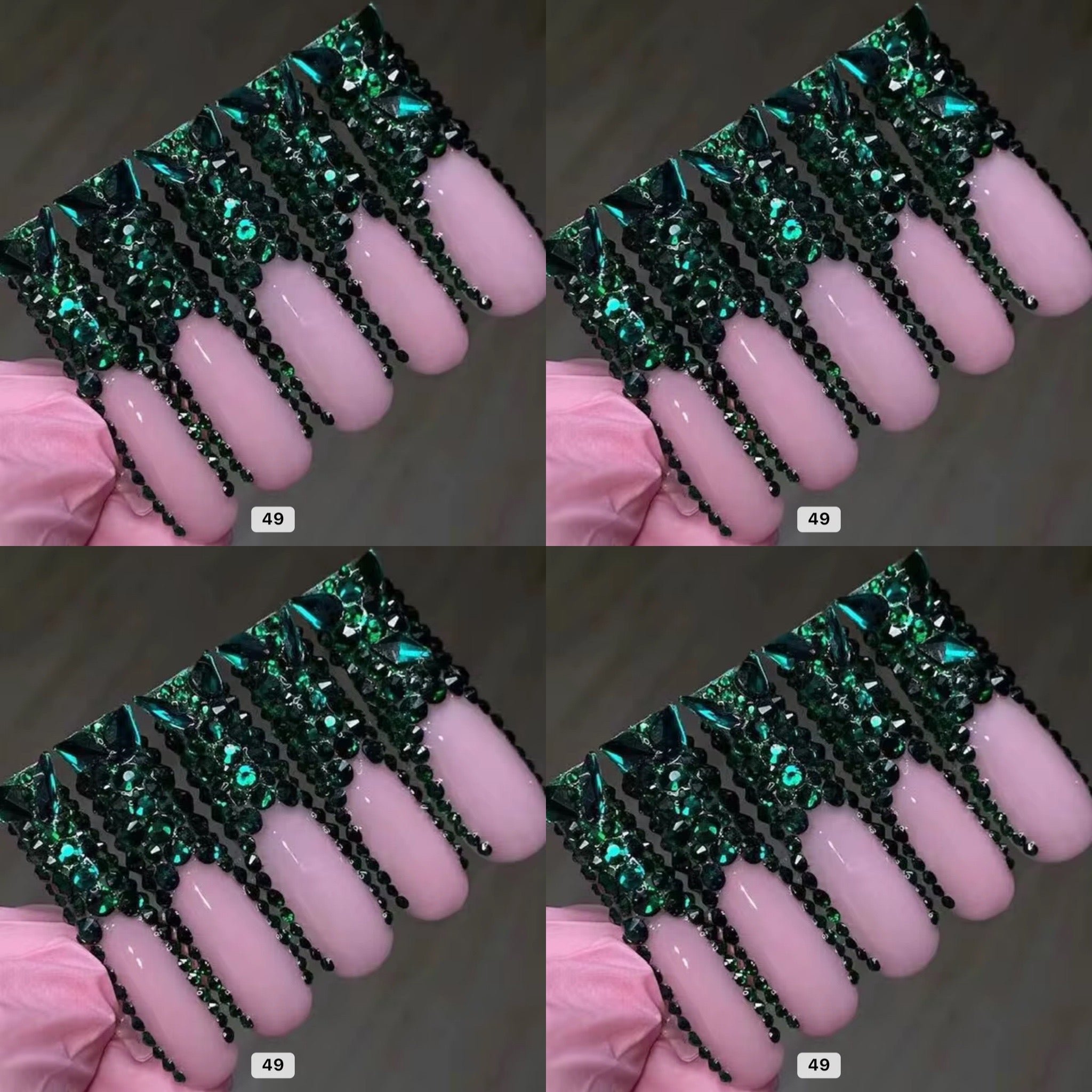 Green crystal long press on nails