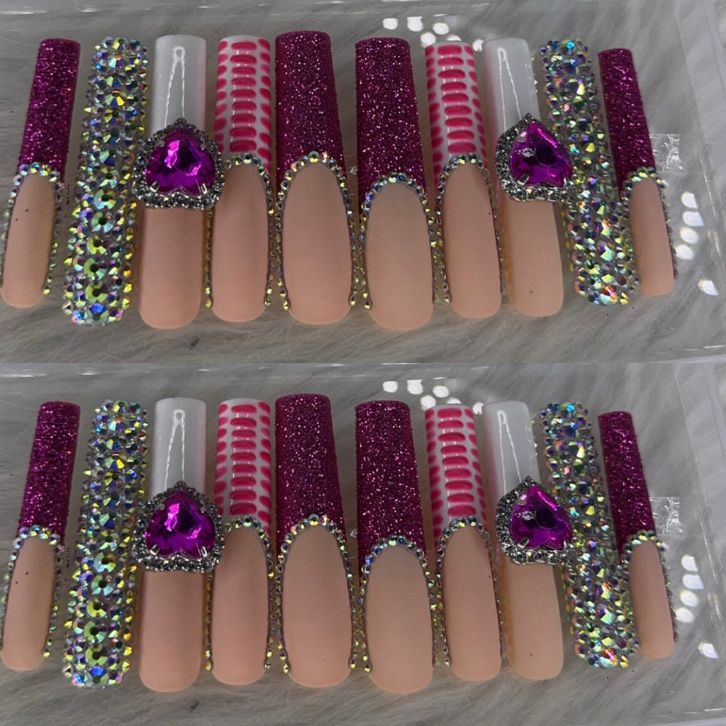 Pink long crystal press on nails