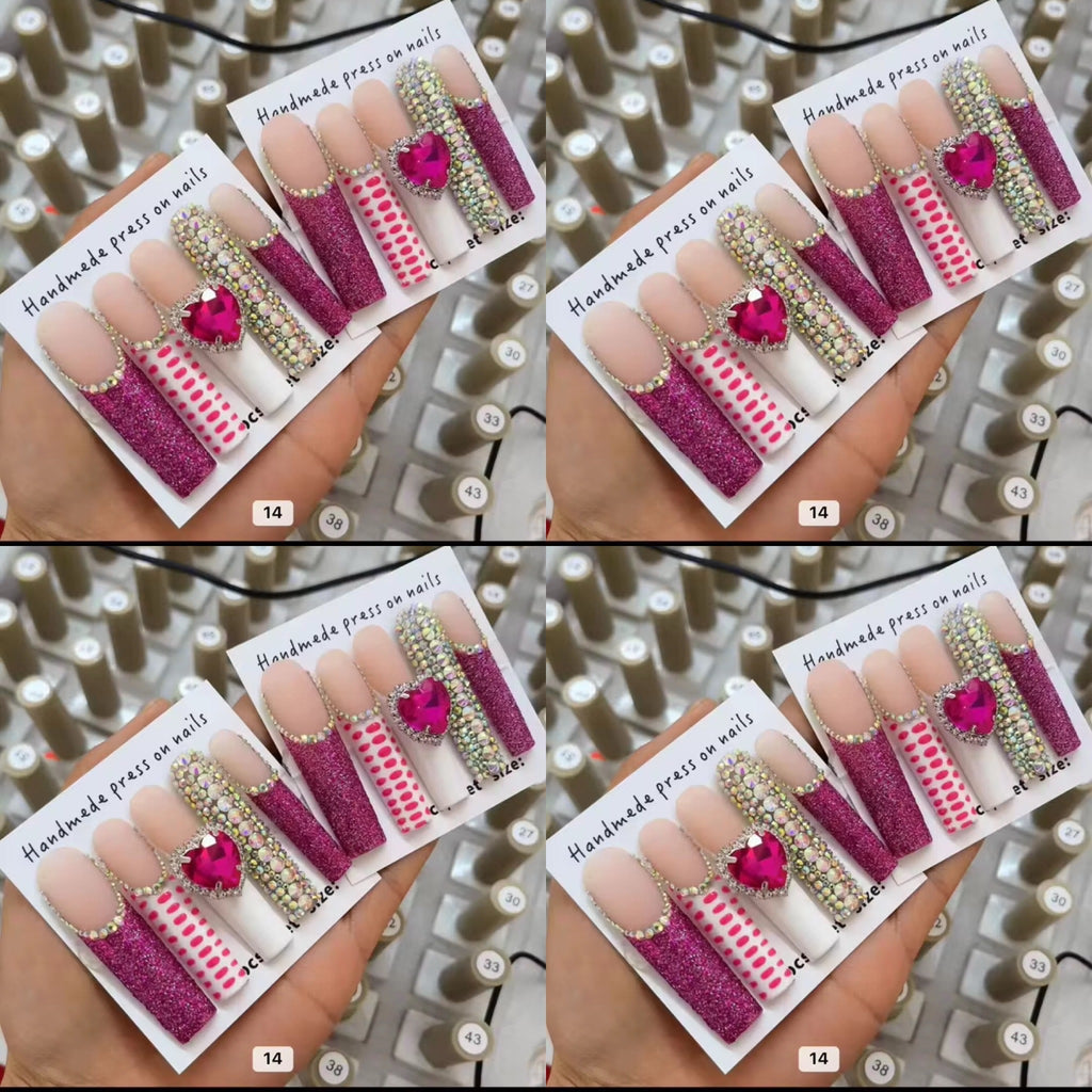 Pink long crystal press on nails