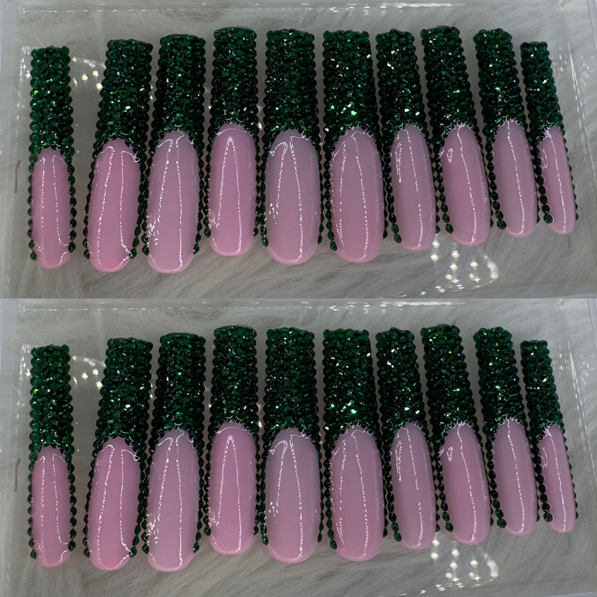 Green crystal long press on nails