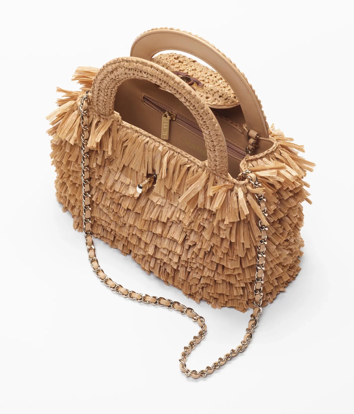Chanel Raffia-Effect Fabric, Wood & Gold-Tone Metal 
Dark Beige