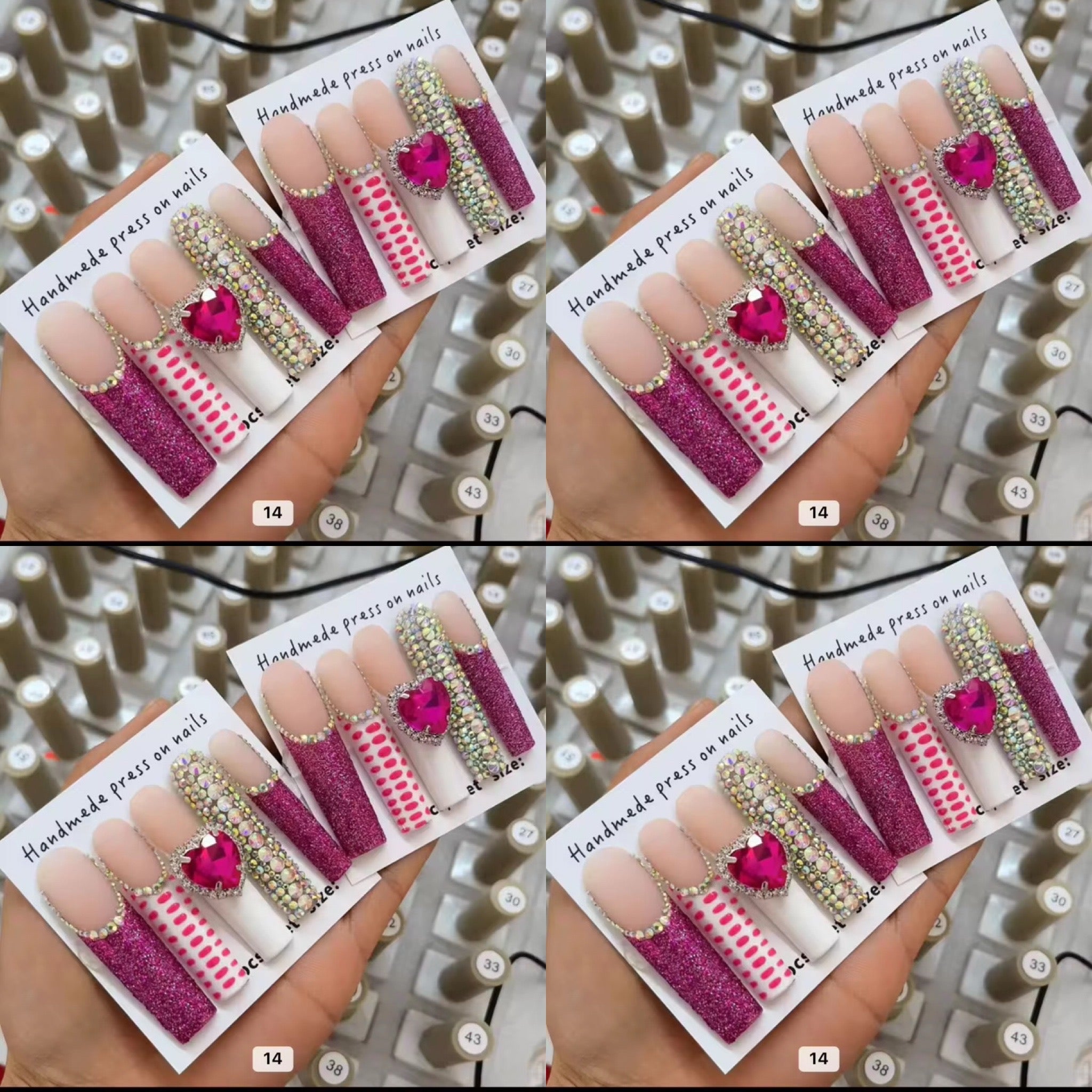 Pink long crystal press on nails