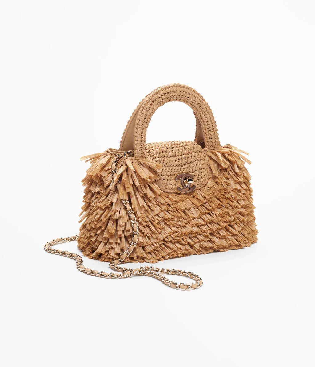 Chanel Raffia-Effect Fabric, Wood & Gold-Tone Metal 
Dark Beige