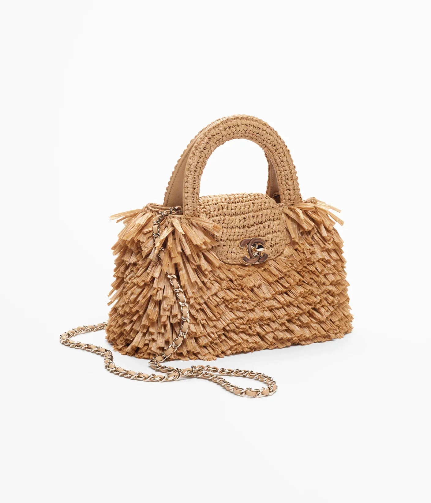 Chanel Raffia-Effect Fabric, Wood & Gold-Tone Metal 
Dark Beige
