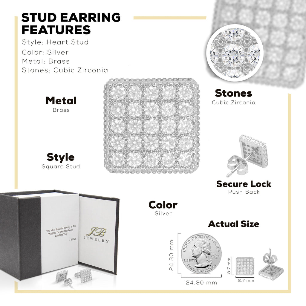 Square 17 Cubic Zirconia Earrings 14K Gold Filled Silver Hip Hop Studs Jewelry Women Men