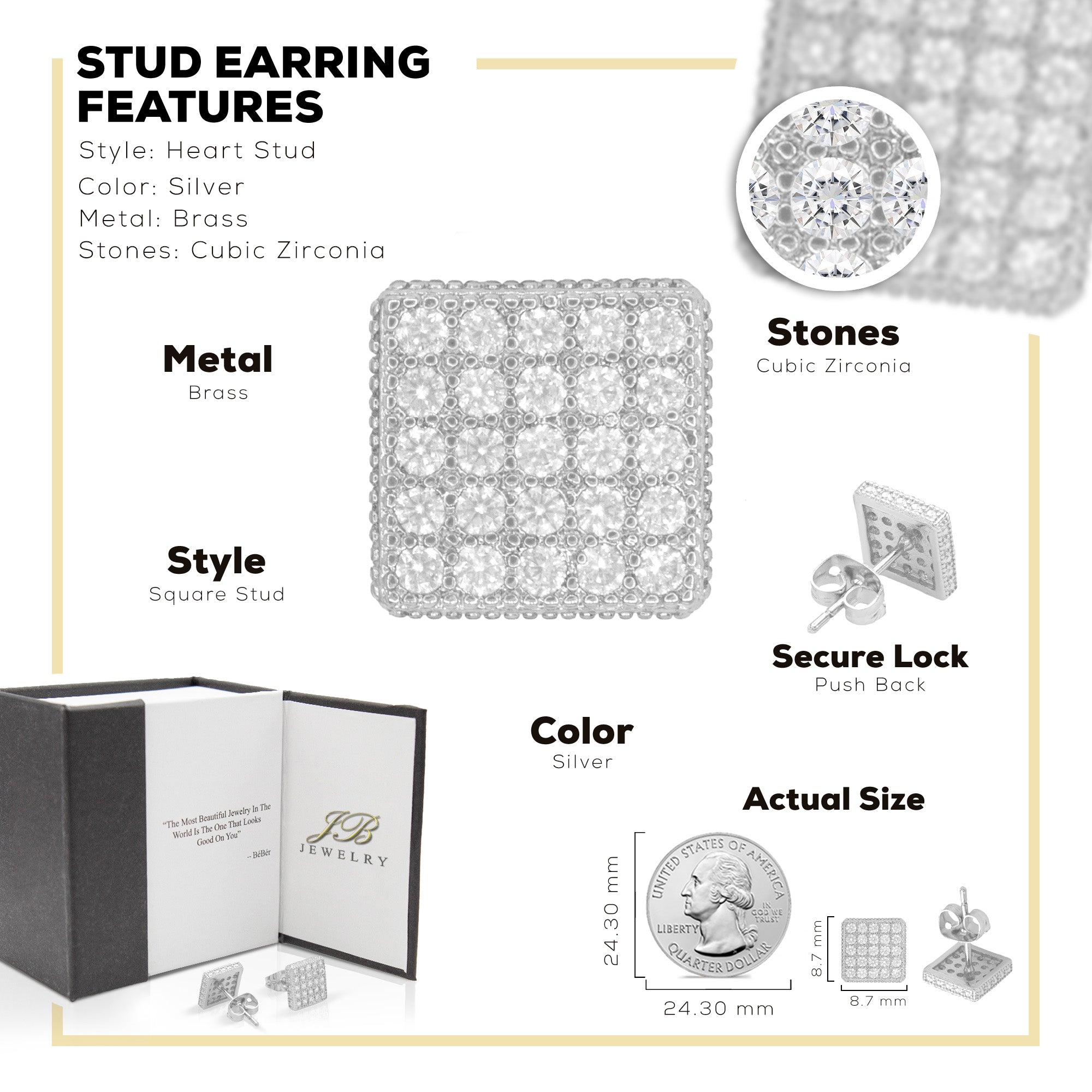 Square 17 Cubic Zirconia Earrings 14K Gold Filled Silver Hip Hop Studs Jewelry Women Men