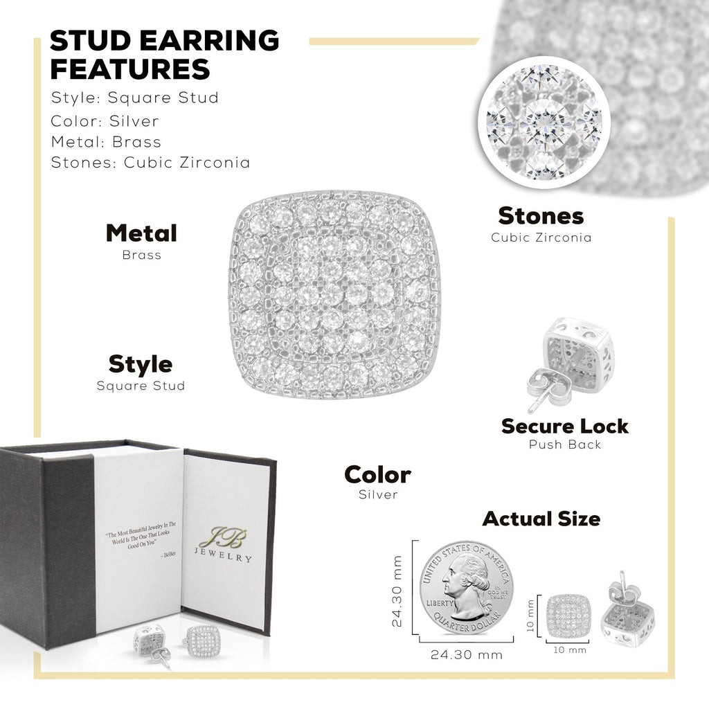 Double Square 6 Cubic Zirconia Earrings 14K Gold Filled Silver Hip Hop Studs Ear Piercing Jewelry Women Men