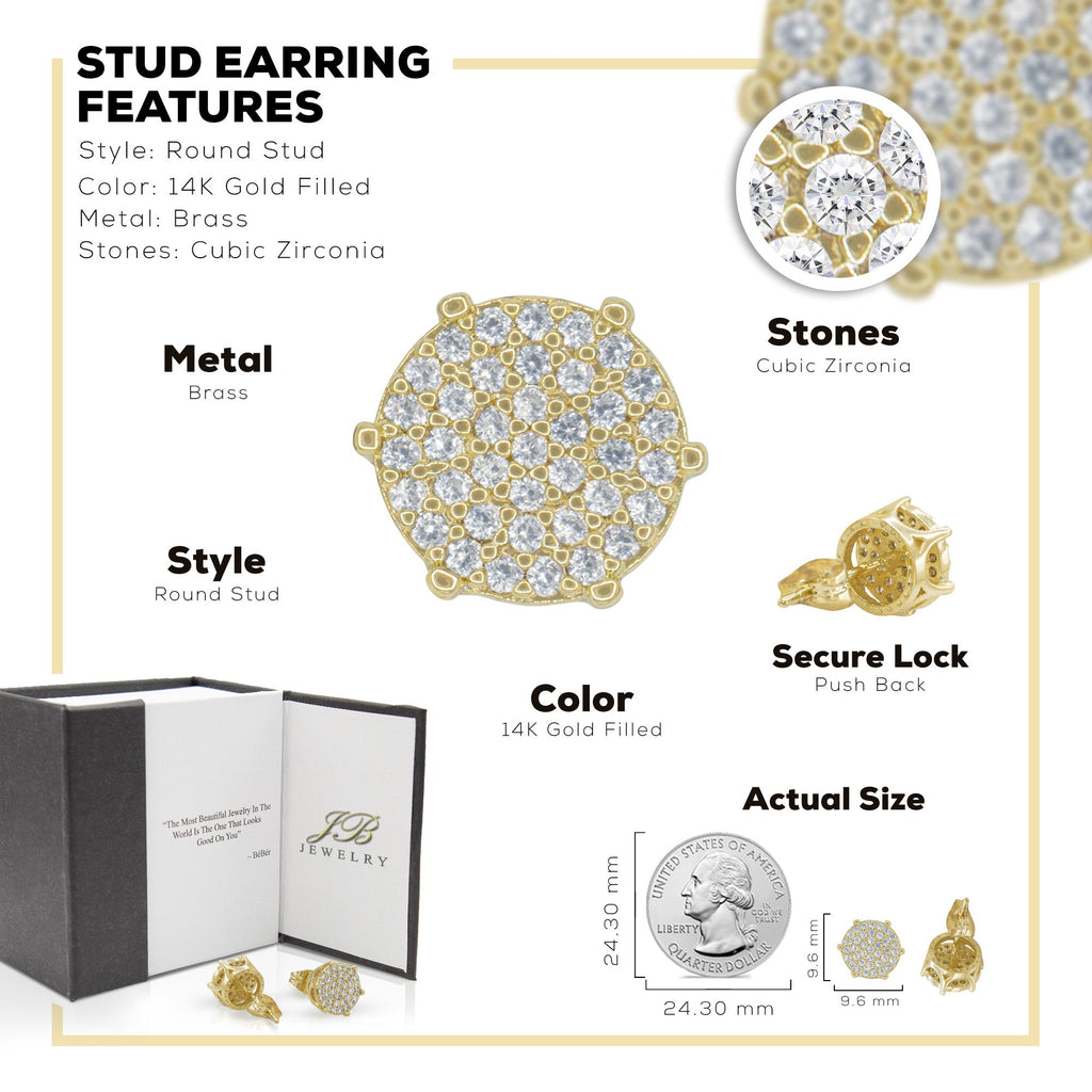 Round 5 Cubic Zirconia Earrings 14K Gold Filled Hip Hop Studs Jewelry Women Men