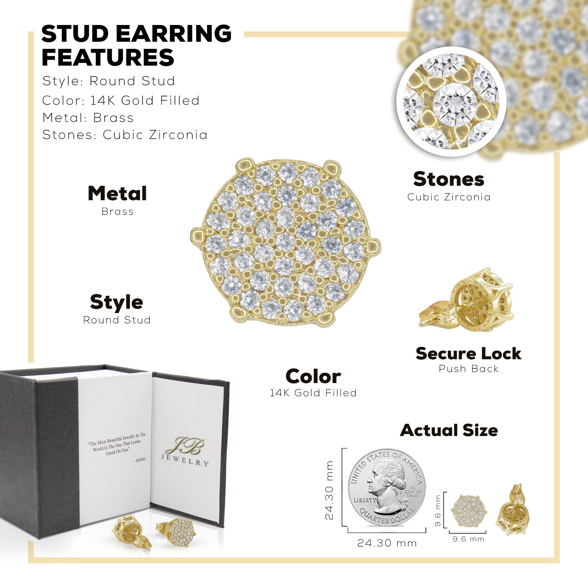 Round 5 Cubic Zirconia Earrings 14K Gold Filled Hip Hop Studs Jewelry Women Men