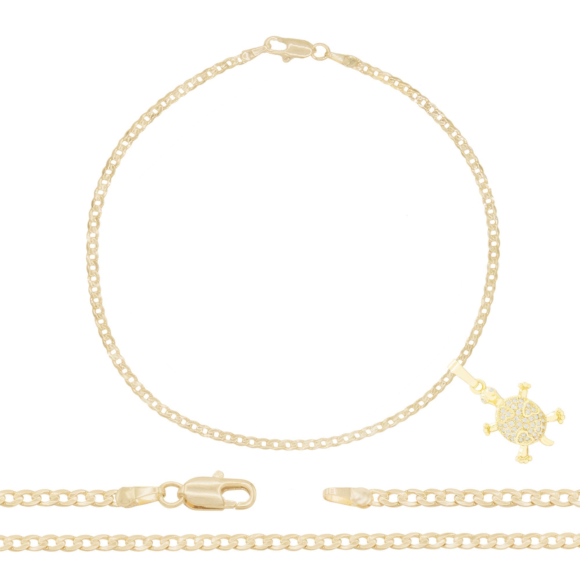 Turtle Pendant 14K Gold Filled Cubic Zirconia Anklet 10" Set 2.5 mm Women Jewelry