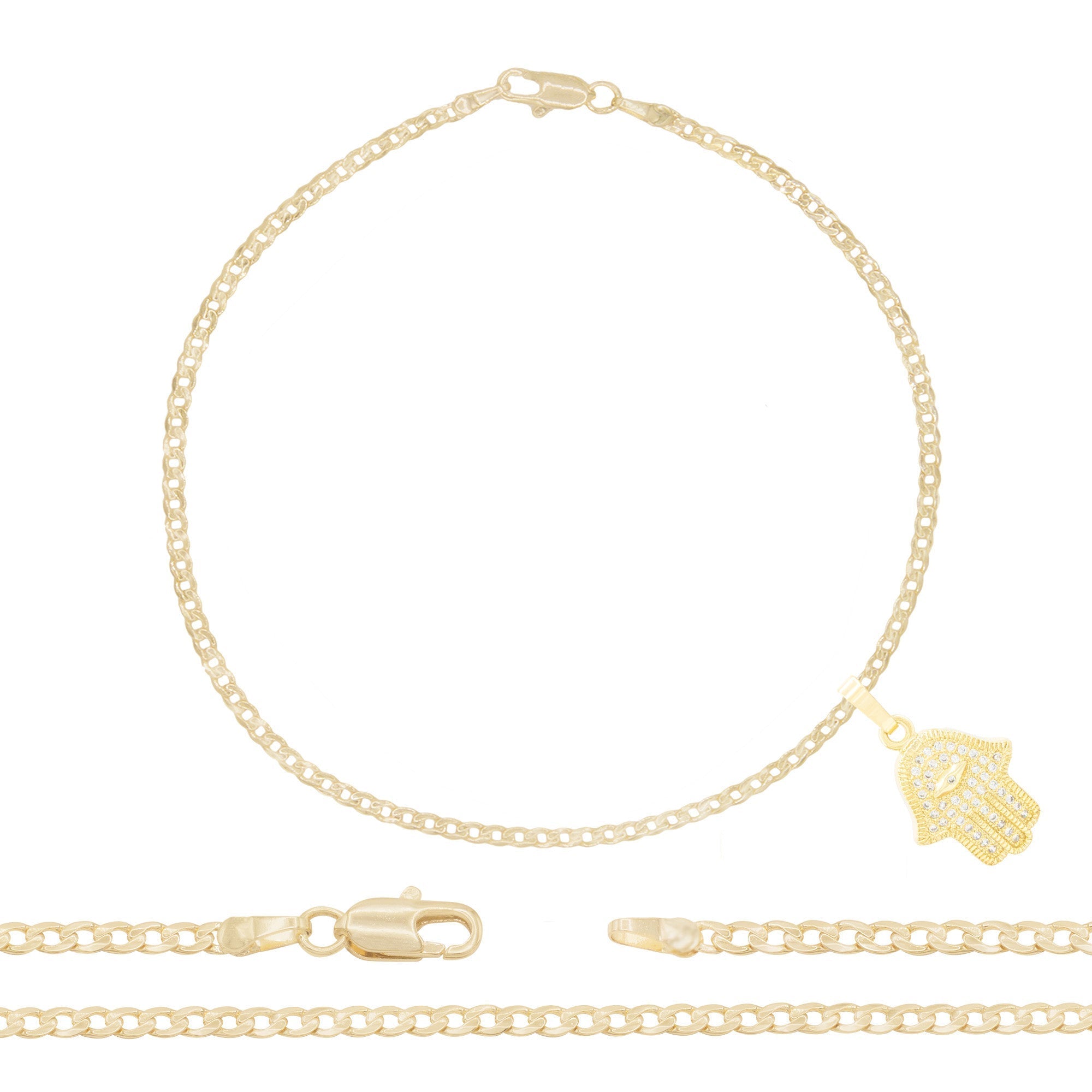 Hamsa Pendant 14K Gold Filled Cubic Zirconia Anklet 10" Set 2.5 mmWomen Jewelry