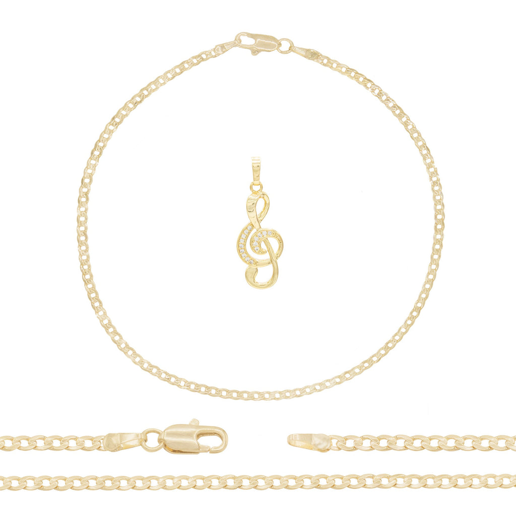 Music Note Pendant 14K Gold Filled Cubic Zirconia Anklet 10" Set 2.5 mm Women Jewelry