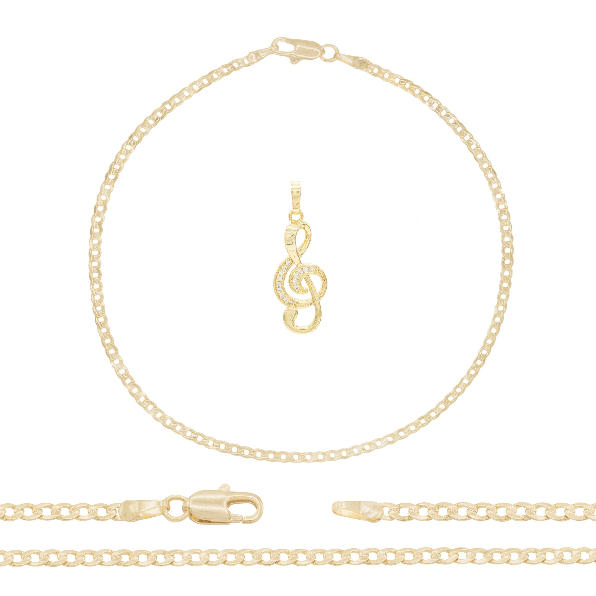 Music Note Pendant 14K Gold Filled Cubic Zirconia Anklet 10" Set 2.5 mm Women Jewelry