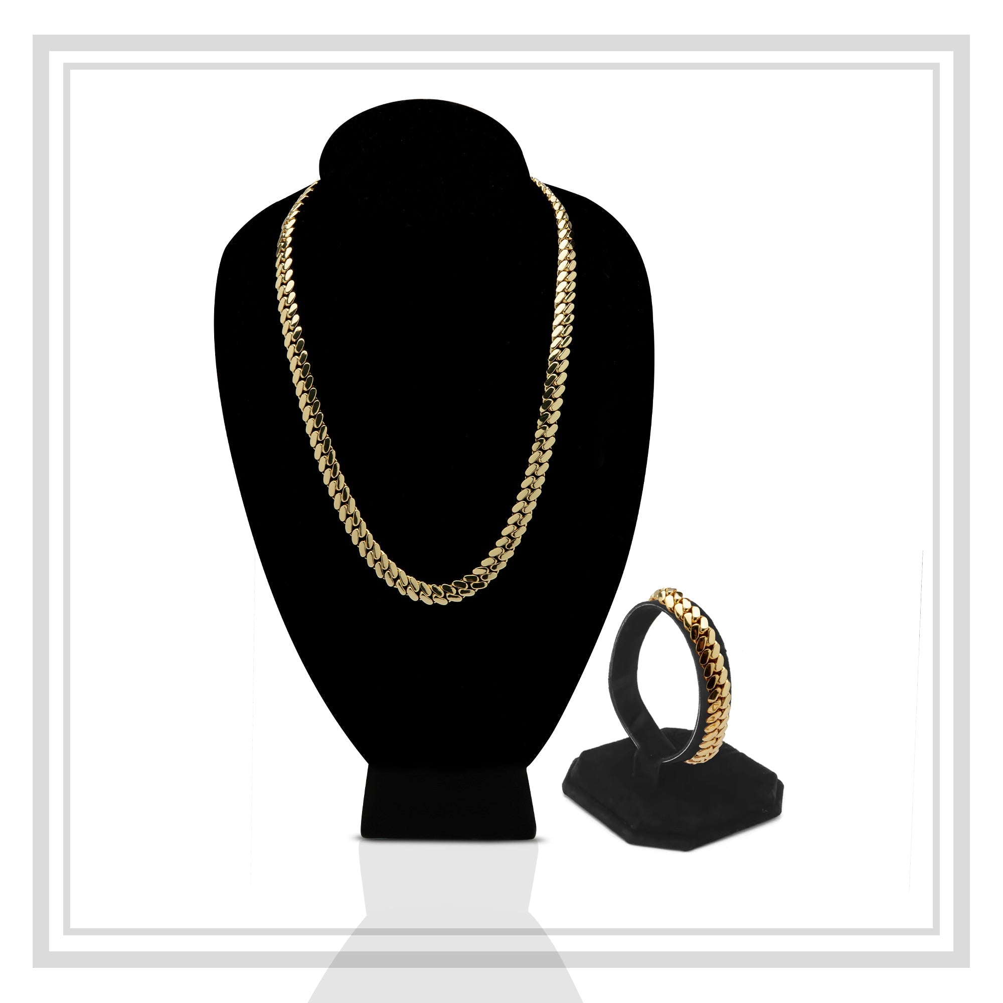 Miami Cuban Link Chain Set Necklace and Bracelet 14K Gold Premium Plated 10-24mm Men Jewelry 24 inch 8.5 inch