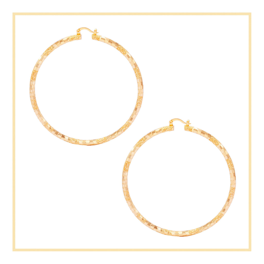 14K Gold-Filled Box Textured Cut Hoop Women Earrings 4 mm Thick 25-80 mm